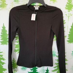 Black Ribbed lightweight Zip Up   Cover up Sweater Shirt.